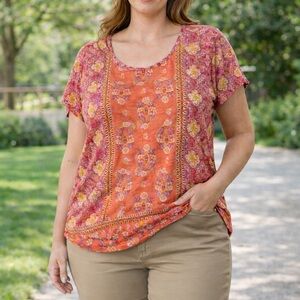 Lucky Brand Women's Large Boho Paisley Floral Scoop Neck Short Sleeve Top NWT